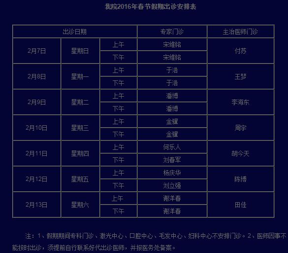 北京八大处整形医院2016年春节假期出诊安排表